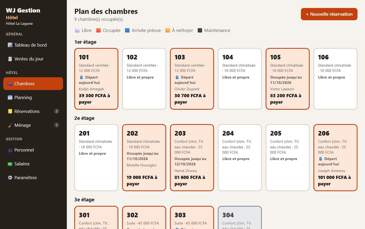 Plan des chambres du logiciel WJ Gestion Hôtel